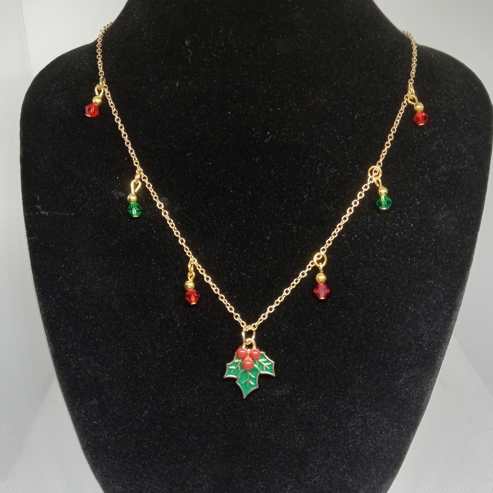 Hand Crafted Gold and Green Holly Necklace